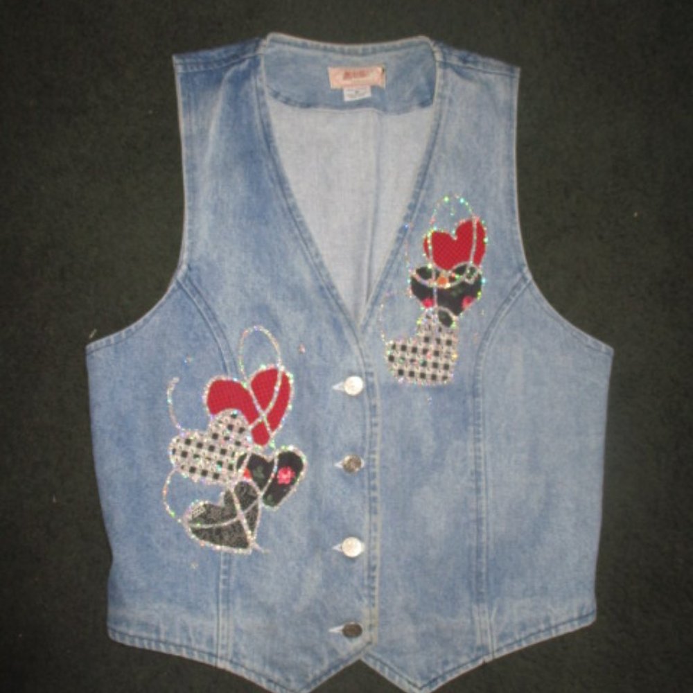 Vintage Apache 80s Western Denim Vest Valentines Hearts Bling Glitter Med
